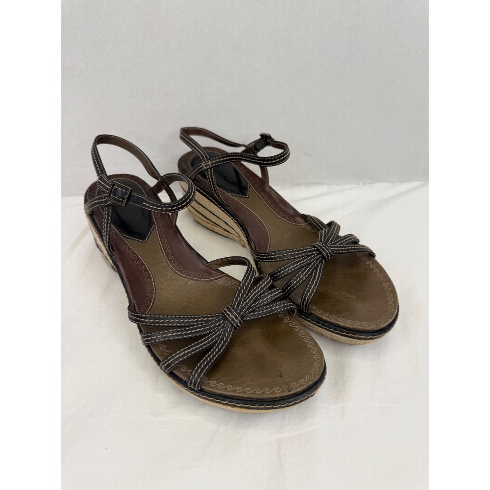 Clarks Artisan Brown Leather‎ Strappy Espadrille Wedge Sandals Heel 3in